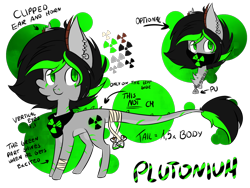 Size: 1024x768 | Tagged: safe, artist:silveer-moon, oc, oc only, oc:plutonium, earth pony, object pony, original species, pony, bandana, cheek fluff, ear piercing, element pony, horns, leonine tail, male, piercing, ponified, radiation, radioactive, reference sheet, simple background, solo, stallion, transparent background