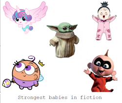 Size: 635x533 | Tagged: safe, princess flurry heart, alicorn, alien, fairy, human, pony, g4, baby, baby pony, dragon ball, dragon ball super, female, filly, foal, grogu, jack-jack parr, pan (dragon ball), poof (fop), text, the fairly oddparents, the incredibles, the mandalorian