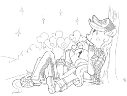 Size: 1280x969 | Tagged: safe, artist:spectralunicorn, applejack, fluttershy, earth pony, pegasus, anthro, plantigrade anthro, g4, cap, clothes, crocs, female, flannel, freckles, hat, lesbian, lineart, looking away, looking up, monochrome, night, outdoors, ship:appleshy, shipping, shoes, smiling, stargazing, stars, traditional art, tree, under the tree