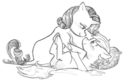 Size: 1280x845 | Tagged: safe, alternate version, artist:spectralunicorn, rainbow dash, rarity, pegasus, pony, unicorn, g4, blushing, butt, female, grayscale, leonine tail, lesbian, lidded eyes, looking at each other, mare, monochrome, on back, plot, ship:raridash, shipping, simple background, smiling, white background, wholesome