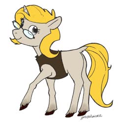 Size: 1318x1342 | Tagged: safe, artist:spectralunicorn, oc, oc only, oc:sunny strings, pony, unicorn, clothes, female, glasses, mare, simple background, smiling, solo, vest, white background