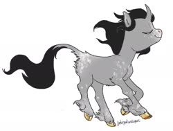 Size: 1891x1432 | Tagged: safe, artist:spectralunicorn, oc, oc only, oc:fume hood, classical unicorn, pony, unicorn, cloven hooves, curved horn, eyes closed, female, horn, leonine tail, mare, running, simple background, smiling, solo, unshorn fetlocks, white background