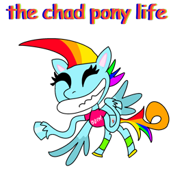 Size: 1600x1600 | Tagged: safe, rainbow dash, pegasus, pony, g4.5, my little pony: pony life, 1000 hours in ms paint, chad, clothes, female, meme, noodle arms, ouch, rainbow dash always dresses in style, shitposting, simple background, solo, transparent background