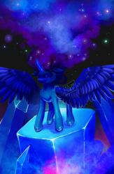 Size: 3087x4723 | Tagged: dead source, safe, artist:thewickedvix, princess luna, alicorn, pony, g4, crystal, ethereal mane, eyes closed, female, solo, spread wings, wings
