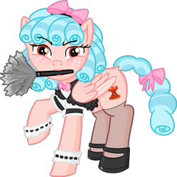 Size: 3216x3223 | Tagged: safe, alternate version, artist:poniidesu, cozy glow, pegasus, pony, g4, blue mane, bow, clothes, cozy glow is not amused, cozybetes, curly mane, cute, eyebrows, eyelashes, female, filly, foal, freckles, high res, maid, maid headdress, orange eyes, pink fur, shoes, simple background, solo, stockings, thigh highs, transparent background