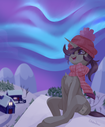 Size: 2500x3000 | Tagged: safe, artist:chibadeer, oc, oc only, oc:lavrushka, pony, unicorn, aurora borealis, beanie, chest fluff, clothes, female, hat, high res, house, mare, night, open mouth, outdoors, roof, rooftop, scarf, scenery, sitting, snow, solo, winter, winter cap