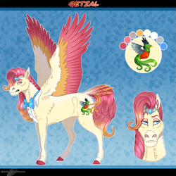 Size: 1001x1001 | Tagged: safe, artist:bijutsuyoukai, oc, oc only, oc:qetzal, pegasus, pony, colored wings, male, multicolored wings, offspring, parents:blueshy, reference sheet, solo, stallion, tail feathers, wings