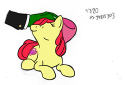Size: 649x441 | Tagged: safe, artist:anonymous, apple bloom, oc, oc:anon, earth pony, human, pony, g4, 4chan, bow, cute, drawthread, female, filly, petting, red mane, text, yellow fur