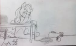 Size: 2560x1570 | Tagged: safe, artist:chancemccoy, applejack, pear butter, earth pony, pony, g4, ash, crying, dark comedy, female, mare, money bag, sitting, traditional art, urn, we are going to hell