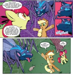 Size: 728x749 | Tagged: safe, artist:caseycoller, idw, official comic, apple bloom, applejack, earth pony, fly, fly-der, hybrid, insect, pony, spider, wolf, wolf fly-der, g4, spoiler:comic, spoiler:comic85, apple sisters, cropped, female, filly, foal, mare, nodding, siblings, sisters, speech bubble, spider web, tongue out