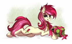 Size: 2560x1552 | Tagged: safe, artist:crazy-leg, roseluck, earth pony, pony, g4, angry, christmas gift, collar, commissioner:doom9454, fangs, female, looking at you, lying, mare, pet collar, pet tag, pony pet, prone, rosepet, thick eyebrows