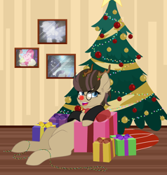 Size: 3024x3172 | Tagged: safe, alternate version, artist:angelina-pax, applejack, pinkie pie, princess luna, spirit of hearth's warming past, spirit of hearth's warming presents, spirit of hearth's warming yet to come, oc, oc:time liz, alicorn, earth pony, pony, g4, antlers, blank flank, christmas, christmas lights, christmas tree, clothes, coat, collar, fake antlers, female, glasses, high res, holiday, holly, holly mistaken for mistletoe, mare, present, red nose, tree, ych result