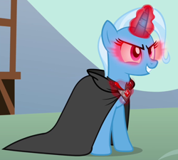 Size: 682x614 | Tagged: safe, trixie, pony, unicorn, g4, magic duel, alicorn amulet, cloak, clothes, controlled, corrupted, cropped, dark magic, evil smile, female, glowing eyes, glowing horn, grin, horn, magic, mare, red eyes, smiling