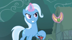 Size: 1920x1064 | Tagged: safe, screencap, trixie, pony, unicorn, g4, magic duel, alicorn amulet, amulet, cropped, evil grin, female, glowing horn, grin, hoof hold, horn, jewelry, levitation, magic, magic aura, mare, sin of greed, smiling, solo, stealing, telekinesis