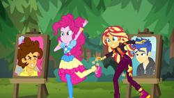 Size: 1920x1080 | Tagged: safe, edit, cheese sandwich, flash sentry, pinkie pie, sunset shimmer, equestria girls, equestria girls specials, g4, my little pony equestria girls: better together, my little pony equestria girls: sunset's backstage pass, female, geode of empathy, geode of sugar bombs, magical geodes, male, music festival outfit, ship:cheesepie, ship:flashimmer, shipping, shoes, sneakers, straight