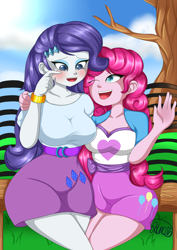 Size: 1240x1748 | Tagged: safe, artist:hwers, pinkie pie, rarity, equestria girls, g4, blushing, breasts, busty rarity, cheering up, colored pupils, comforting, crying, cute, duo, female, one eye closed, open mouth, sitting, tree, wink