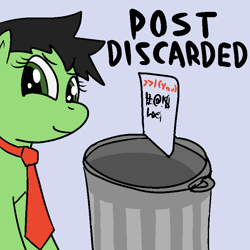Size: 800x800 | Tagged: safe, artist:anonymous, oc, oc only, oc:filly anon, earth pony, pony, (you), drawthread, female, filly, into the trash it goes, meme, necktie, ponified, smiling, smirk, solo, trash can