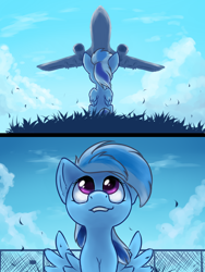 Size: 1200x1600 | Tagged: safe, artist:ravistdash, derpibooru exclusive, oc, oc only, oc:ravist, pegasus, pony, comic:about me, cloud, female, filly, looking up, plane, sky, smiling, solo