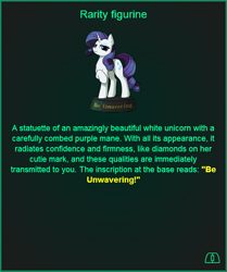 Size: 505x605 | Tagged: safe, artist:dipfanken, rarity, pony, unicorn, fallout equestria, game: fallout equestria: remains, g4, fanfic, fanfic art, female, figurine, game, game screencap, hooves, horn, mare, ministry mares, ministry mares statuette, raised hoof, solo