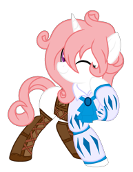 Size: 953x1237 | Tagged: safe, artist:melodysweetheart, artist:rukemon, oc, oc only, oc:aeya longmirror, pony, unicorn, base used, blank flank, boots, clothes, commission, corset, disguise, disguised changeling, female, mare, one eye closed, raised hoof, shirt, shoes, simple background, solo, transparent background, vest, wink