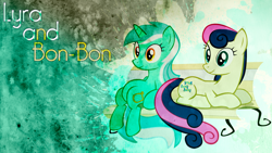 Size: 1920x1080 | Tagged: safe, artist:bluedragonhans, bon bon, lyra heartstrings, sweetie drops, earth pony, pony, unicorn, g4, abstract background, bench, duo, duo female, female, mare, prone, sitting, sitting lyra, wallpaper