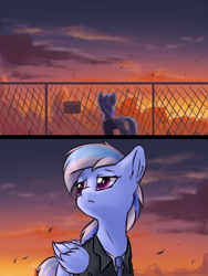 Size: 1200x1600 | Tagged: safe, artist:ravistdash, derpibooru exclusive, oc, oc only, oc:ravist, pegasus, pony, comic:about me, clothes, cloud, female, filly, looking up, sad, sky, solo, suit, sunset