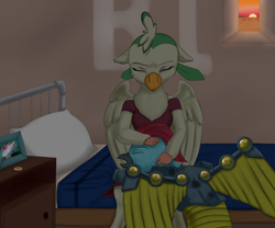 Size: 3000x2500 | Tagged: safe, artist:ruanshi, oc, oc only, oc:gale blitzwing, oc:iron wingheart, bird, hybrid, parrot, pegasus, pony, battle armor, bed, blanket, brother and sister, clothes, comforting, commission, context in description, crying, drawer, dress, eyes closed, female, gay, head on lap, high res, interspecies offspring, male, mare, mourning, offspring, parent:captain celaeno, parent:oc:azure glide, parents:azurlaeno, parents:canon x oc, petting, pillow, ring, room, siblings, stallion, sunset, tragedy, wedding photo, wedding ring, window