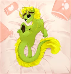 Size: 1920x2000 | Tagged: dead source, safe, artist:php146, oc, oc only, oc:daravalia, dragon, bed, chest fluff, female, goggles, looking at you, on back, on bed, solo, tongue out