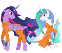 Size: 1300x1100 | Tagged: safe, artist:enigmadoodles, princess celestia, twilight sparkle, alicorn, pony, g4, the last problem, bound wings, clothes, cuffs, female, horn, horn ring, magic suppression, mare, older, older twilight, older twilight sparkle (alicorn), princess twilight 2.0, prison outfit, prisoner, prisoner ts, simple background, twilight sparkle (alicorn), white background, wings