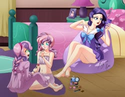 Size: 1280x989 | Tagged: safe, artist:shinta-girl, rarity, sweetie belle, oc, oc:golden sheen, equestria girls, g4, barefoot, bed, belly button, cellphone, clothes, crossdressing, feet, female, human coloration, makeup, male, midriff, nail polish, phone, skirt, slumber party, toenail polish, upskirt