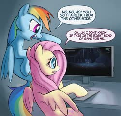 Size: 974x936 | Tagged: safe, artist:dotkwa, fluttershy, rainbow dash, pegasus, pony, g4, computer, dialogue, duo, gamershy, noita, scared, video game