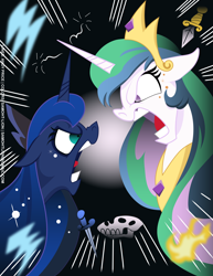 Size: 2782x3601 | Tagged: safe, artist:andy price, artist:samoht-lion, color edit, edit, princess luna, alicorn, pony, g4, angry, argument, bust, colored, ethereal mane, female, high res, jewelry, mare, open mouth, peytral, siblings, starry mane, tiara, yelling