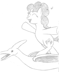 Size: 732x900 | Tagged: safe, artist:quint-t-w, pinkie pie, dinosaur, earth pony, pony, pteranodon, pterosaur, g4, bipedal, eyes closed, flying, old art, open mouth, pencil drawing, pose, riding, sharp teeth, simple background, teeth, traditional art, white background