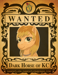 Size: 2550x3300 | Tagged: safe, artist:samoht-lion, oc, oc only, oc:dark horse, oc:dusty katt, earth pony, pony, bust, earth pony oc, female, high res, jewelry, mare, necklace, smiling, solo, text, wanted poster