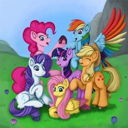 Size: 2000x2000 | Tagged: safe, artist:redquoz, applejack, fluttershy, pinkie pie, rainbow dash, rarity, twilight sparkle, bird, bird pone, earth pony, pegasus, pony, unicorn, g4, alternate design, colored wings, field, flower, group, high res, hill, hooves, horseshoes, looking at you, mane six, mountain, multicolored wings, one eye closed, rainbow wings, tribute, two toned mane, two toned tail, two toned wings, unicorn twilight, wings, wink