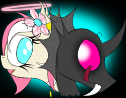 Size: 1150x888 | Tagged: safe, artist:didun850, oc, oc only, oc:dull, oc:feather breeze, changeling, pegasus, pony, bust, disguise, disguised changeling, duality, fangs, flower, flower in hair, gradient background, halo, licking, licking lips, pink changeling, tongue out