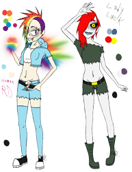Size: 888x1150 | Tagged: safe, artist:didun850, rainbow dash, oc, oc:lady luck, human, g4, clothes, converse, duo, female, glowing hands, grin, hair over one eye, humanized, shoes, simple background, smiling, transparent background