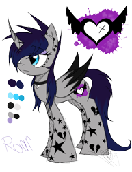 Size: 888x1150 | Tagged: safe, artist:didun850, oc, oc only, oc:roar, alicorn, pony, alicorn oc, collar, ear piercing, female, hair over one eye, heart, horn, jewelry, mare, necklace, piercing, reference sheet, signature, simple background, solo, transparent background