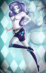 Size: 1900x3000 | Tagged: safe, artist:dreamyartcosplay, rarity, equestria girls, g4, abstract background, belt, boots, breasts, busty rarity, clothes, female, high heel boots, horn, shoes, signature, solo, zoom layer