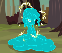 Size: 2492x2112 | Tagged: safe, artist:badumsquish, derpibooru exclusive, oc, oc only, oc:tess la, goo, goo pony, monster pony, original species, dreamworks face, electricity, female, forest, high res, looking at you, mare, melting, raised hoof, slime, smiling, smirk, smug, solo, sparks