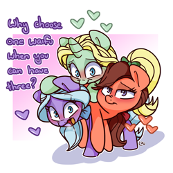 Size: 1500x1500 | Tagged: safe, artist:lou, dear darling, fond feather, swoon song, earth pony, pegasus, pony, unicorn, bimbettes, blushing, bow, female, heart, implied foursome, mare, pile, pile of cuteness, polyamory, polygamy, tail bow, talking to viewer, waifu