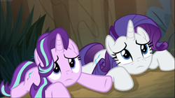 Size: 1669x937 | Tagged: safe, screencap, rarity, starlight glimmer, pony, unicorn, g4, the mean 6, cropped, duo, female, lying down, mare, prone, sploot, underhoof
