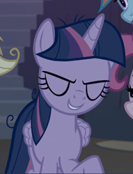 Size: 622x813 | Tagged: safe, screencap, mean twilight sparkle, twilight sparkle, alicorn, pony, g4, the mean 6, clone, cropped, evil grin, eyes closed, female, grin, offscreen character, raised hoof, smiling, solo focus, twilight sparkle (alicorn)