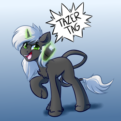 Size: 4000x4000 | Tagged: safe, artist:witchtaunter, oc, oc only, pony, unicorn, absurd resolution, commission, gradient background, long tail, magic, solo, speech bubble, stun gun, taser, telekinesis, this will end in pain
