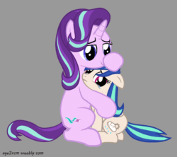 Size: 900x800 | Tagged: safe, artist:age3rcm, starlight glimmer, oc, pegasus, pony, unicorn, g4, animated, canon x oc, comforting, crying, cuddling, female, filly, foal, gif, mare, show accurate