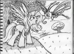 Size: 960x708 | Tagged: safe, artist:petanoprime, fluttershy, beautifly, pegasus, pony, g4, crossover, duo, female, lineart, looking at each other, mare, monochrome, notepad, open mouth, pokémon, traditional art, tree