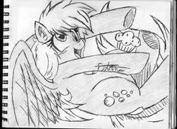 Size: 960x697 | Tagged: safe, artist:petanoprime, derpy hooves, pegasus, pony, g4, female, food, mare, monochrome, muffin, notepad, open mouth, signature, smiling, solo, traditional art