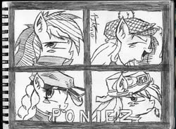 Size: 960x706 | Tagged: safe, artist:petanoprime, applejack, fluttershy, pinkie pie, rainbow dash, earth pony, pegasus, pony, g4, album cover, bust, clothes, demon days, female, freckles, gorillaz, hat, mare, monochrome, notepad, open mouth, parody, signature, straw in mouth, text, traditional art
