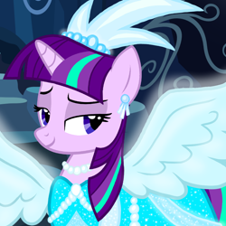 Size: 1000x1000 | Tagged: safe, artist:dharthez, artist:php185, edit, starlight glimmer, pony, unicorn, g4, clothes, dress, female, glowing, solo, wings