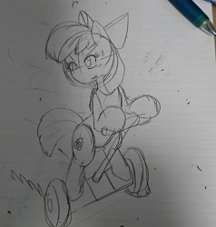 Size: 1080x1133 | Tagged: safe, artist:omegapony16, apple bloom, earth pony, pony, g4, bipedal, bow, cutie mark, female, filly, hair bow, lined paper, looking back, pencil, photo, segway, solo, the cmc's cutie marks, traditional art